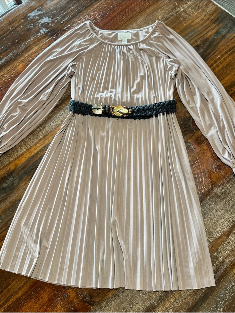 Donna Morgan Pleated Long-Sleeve Dress in Light Taupe with Black Braided Belt